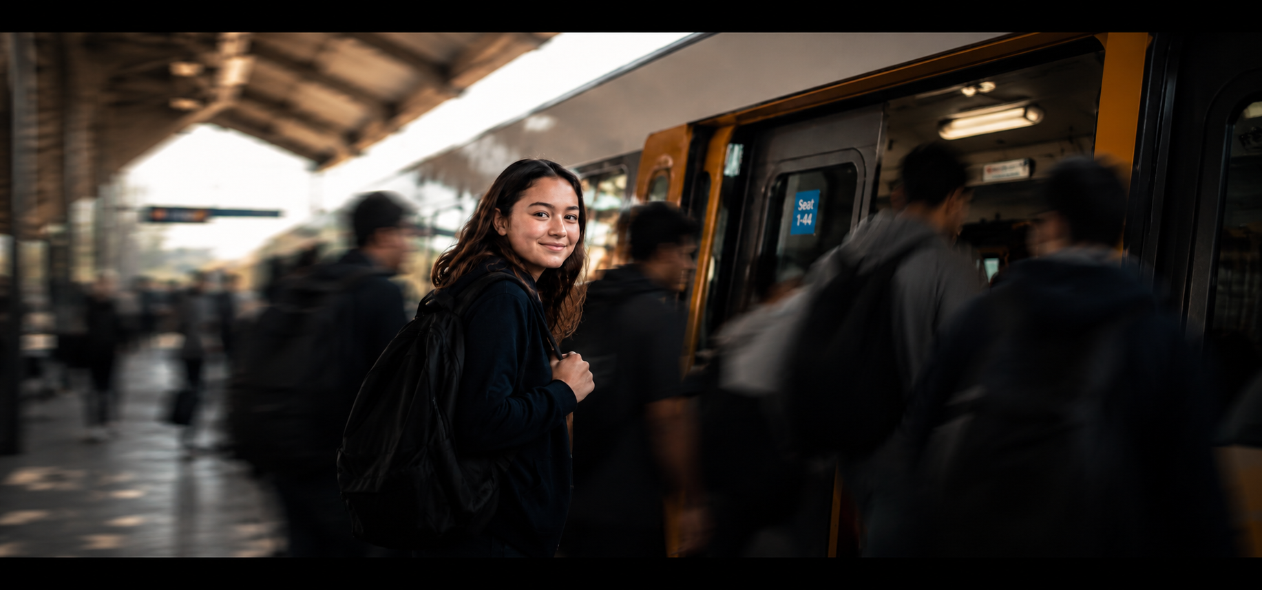 Champion Academy student arriving by train with classmates in motion